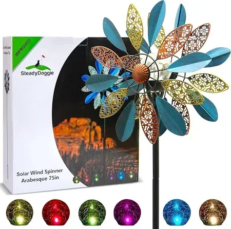 Photo 1 of SteadyDoggie 75 Inch Wind Spinners Arabesque - Solar-Powered with Multi-Color LED Glass Ball - Metal Kinetic Wind Spinner for Dual Wind Direction - Easy to Assemble Outdoor Yard Decorations