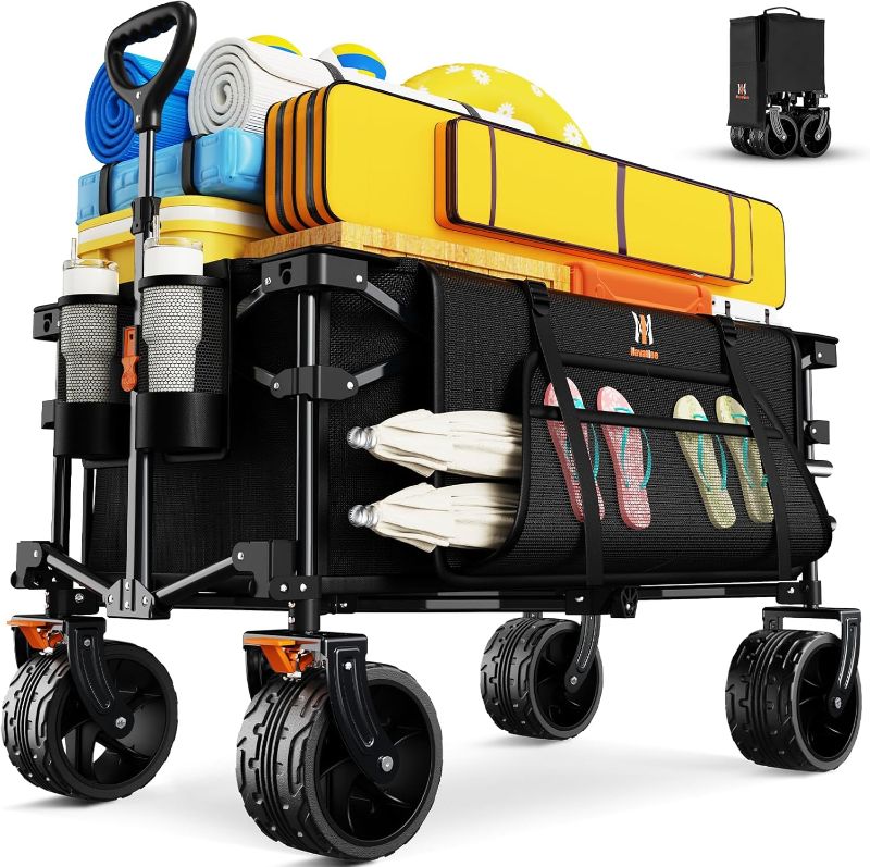 Photo 1 of Navatiee Big Wheels Collapsible Wagon Cart Foldable, Heavy Duty Beach Wagon with Silent All-Terrain Wheels, Folding Utility Grocery Cart with Side Pocket and Brakes for Camping Garden Sports, Black
