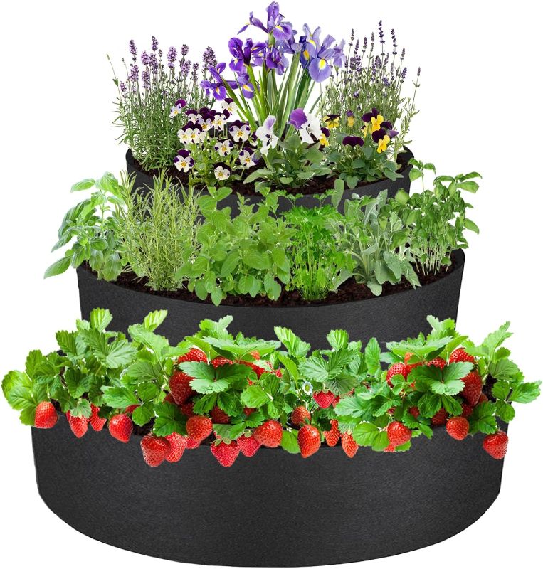 Photo 1 of 3 Tiered Strawberry Planter, Fabric Raised Garden Bed Non-Woven Laddered Planter Bag 8 Inch Deep Round Felt Planting Container for Growing Vegetables Herb Plant (3 Tiered)
