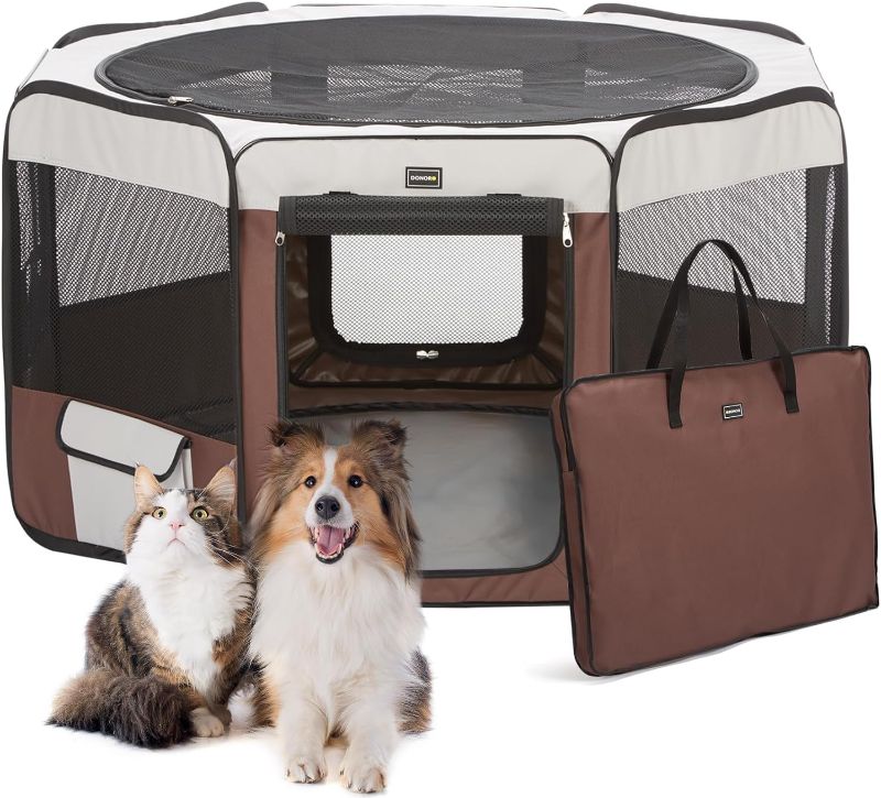 Photo 1 of DONORO Dog Playpen 29" Portable Pet Play Pens for Small Dog/Cat/Rabbit/Chicks, Foldable Exercise Kennel Tent Crate Indoor/Outdoor Travel Camping, Removable Top/Bottom (Brown, Small (29"x29"x15"), 8)
