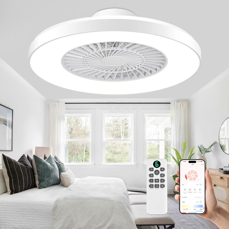 Photo 1 of 24" Bladeless Ceiling Fan with Light, Low Profile Ceiling Fan with Remote/APP Control, Enclosed Ceiling Light with Fan with 3 Colors Dimmable 6 Speeds Reversible for Bedroom(White)
