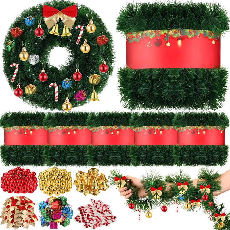 Photo 1 of Lyrow 100/300 ft Christmas Garland Christmas Wreath DIY Craft Kit with 100 Pcs Xmas Decorations Xmas Red Berries Bows, Balls, Bells, Crutches, Gift Boxes, for Christmas Outdoor Indoor Decor(300 ft)