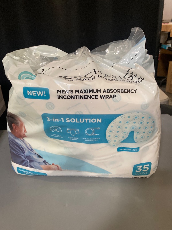 Photo 1 of QuickChange Men's Incontinence Wrap, 1 Week Supply (35 Count), Catheter Alternative and/or Adult Diaper Insert for Men with Reduced Mobility, Maximum Absorbency, OSFA