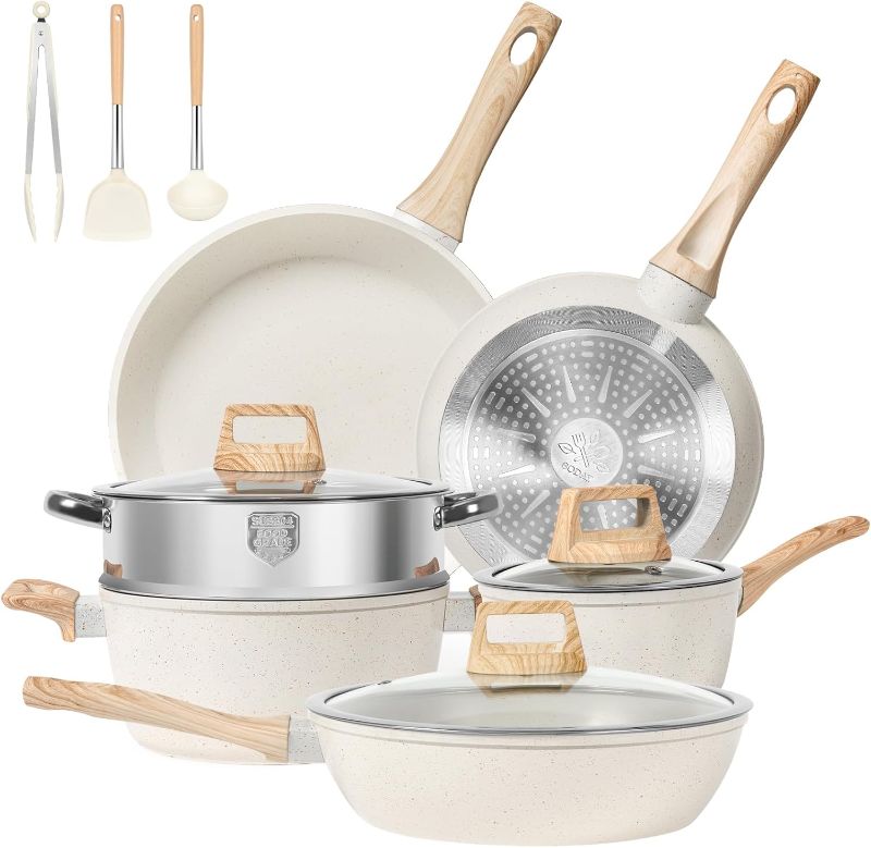 Photo 1 of 12 Pcs Pots and Pans Set, Nonstick Cookware Sets White Granite Induction Cookware, Non-toxic Healthy Non Stick Kitchen Cooking Set with Frying Pans Set, Saucepans,Steamer (PFAS, PFOA, PFOS Free)
