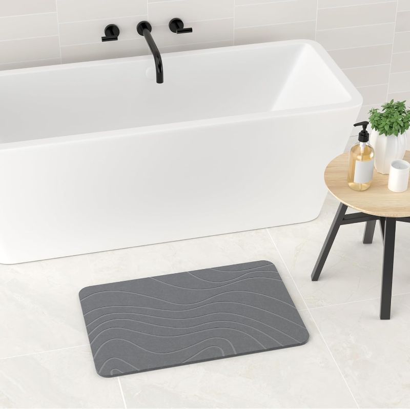 Photo 1 of Stone Bath Mat, Diatomaceous Earth Bath Mat Bathmat, Non Slip Super Absorbent Quick Drying Diatomite Stone Bath Shower Mat for Bathroom, 23" x 15", Gray (Curve)
