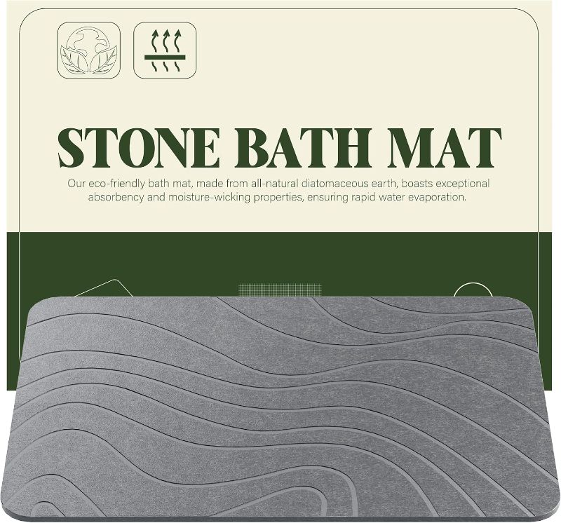 Photo 1 of Stone Bath Mat, Diatomaceous Earth Bath Mat Bathmat, Non Slip Super Absorbent Quick Drying Diatomite Stone Bath Shower Mat for Bathroom, 23" x 15", Gray (Curve)
