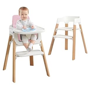 Photo 1 of Wooden Highchair for Baby, Toddler High Chair with Tray & Removable Cushion & 4-Levels Pedal & Padded 5-Point Harness,Grows with Kid for Dining, Studying?Pink