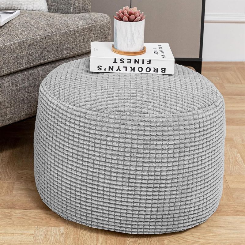 Photo 1 of Pouf Ottoman Stuffed High Density Filler Velvet Floor Pouf Round Foot Stool 20 * 12 Inches Ottoman Foot Rest for Living Room, Home Decor (Light Gray)
