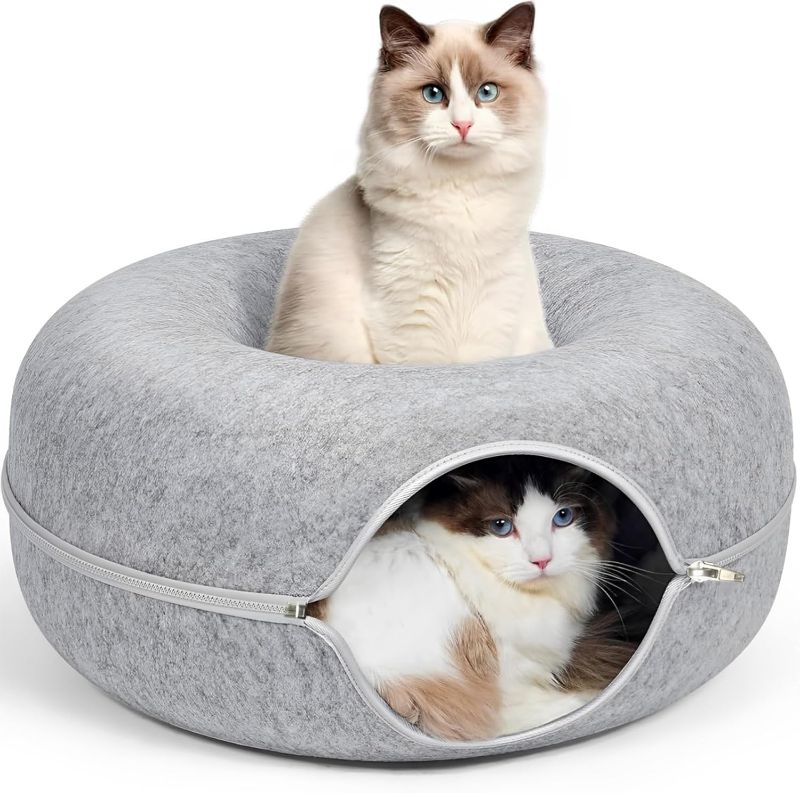 Photo 1 of 24inch-Tunnel Bed for Indoor,cattasaurus Peekaboo cat cave for Multiple,Detachable Felt Felt Washable Interior for Indoor Cats,Donut Tunnel (Light Gray)
