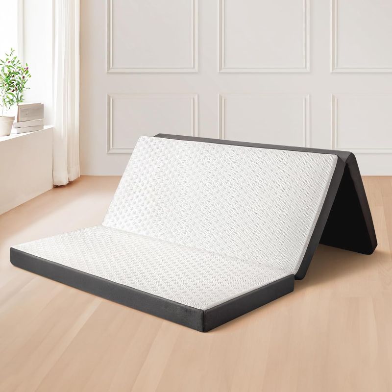 Photo 1 of QUEEN- Folding Mattress 3in Queen Memory Foam Tri-Folding Matress with Washable Cover Foldable Floor Mat for Guest Bed, Camping, Yoga, RV Travel, White
