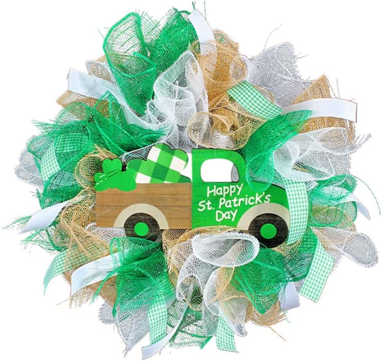 Photo 1 of St Patrick's Day Wreath Decor Front Door Hanging St Patrick's Day Leprechaun Clover Wreath Ornament for Home Outdoor Garden Front Door Wall Hanging (Green)
