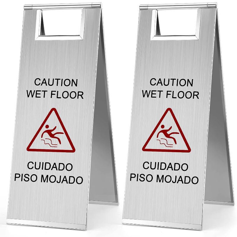 Photo 1 of Kigley 2 Pcs Wet Floor Sign, Stainless Steel Caution Wet Floor Sign Double Sided Portable Foldable Bilingual Safety Warning for Hotel Market Restroom Restaurant Office(Gold,24 Inch)
