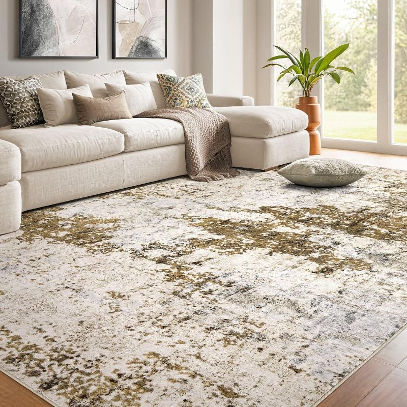 Photo 1 of Living Room Area Rugs - 10x14 Washable Abstract Large Soft Indoor Rug Neutral Modern Low Pile Carpet for Bedroom Dining Room Farmhouse Home Office - Light Brown
