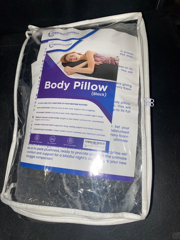 Photo 1 of Crescent Comfort Full Body Pillow for Adults (Black, 20 x 54 Inch) - Large Body Pillow Insert with Pillowcase for Back & Side Sleepers, Black Silk Body Pillow Cover & Silk Bonnet