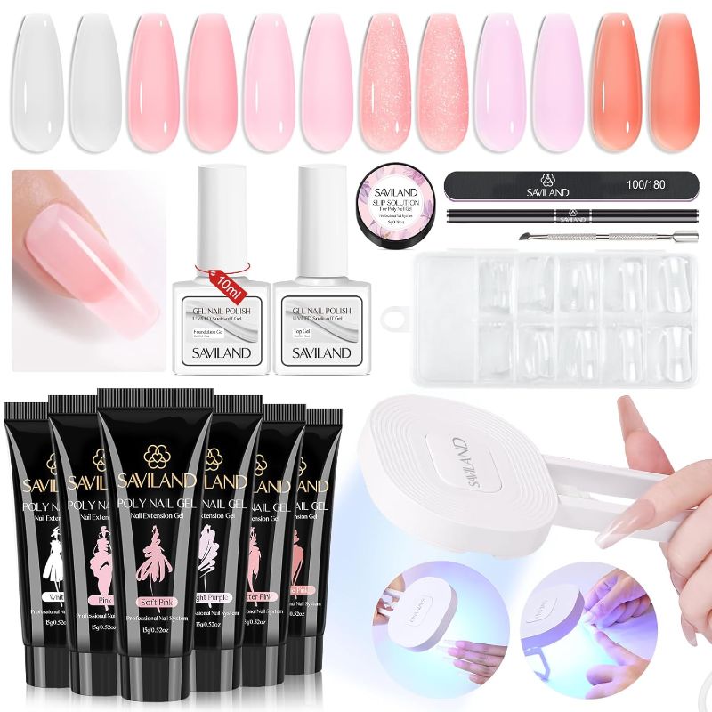 Photo 1 of SAVILAND Poly Gel Nail Kit with U V Light - 6 Summer Colors Builder Gel Nail Extension Kit for Beginners DIY Poly Gel Kit with Base & Top Gel for French Manicure Nail Art at Home
