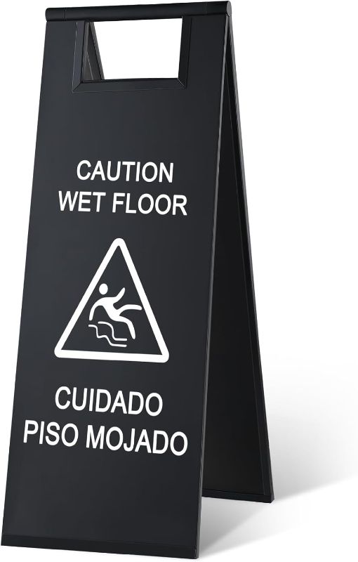 Photo 1 of Stainless Steel Wet Floor Caution Sign Bulk 8.8 Pound Portable Foldable Handle Bilingual Safety Sign for Kitchen Restaurant Supermarket Shop Commercial Use Avoid Fall and Slip Accident (Black)
