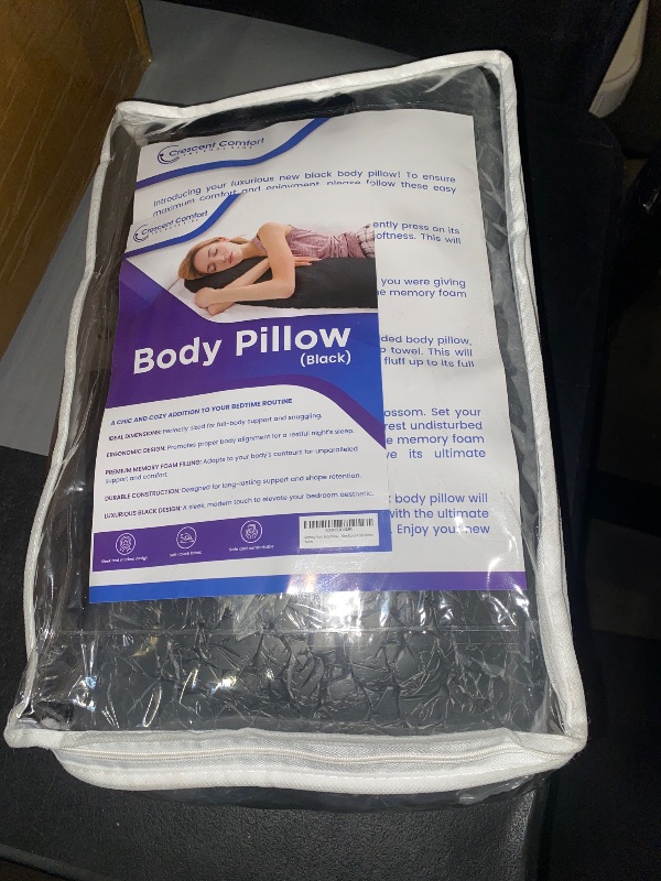 Photo 1 of BRAND NEW** Crescent Comfort Full Body Pillow for Adults (Black, 20 x 54 Inch) - Large Body Pillow Insert with Pillowcase for Back & Side Sleepers, Black Silk Body Pillow Cover & Silk Bonnet