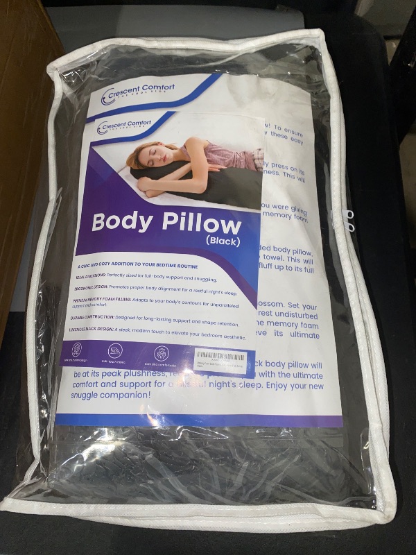 Photo 1 of Crescent Comfort Full Body Pillow for Adults (Black, 20 x 54 Inch) - Large Body Pillow Insert with Pillowcase for Back & Side Sleepers, Black Silk Body Pillow Cover & Silk Bonnet