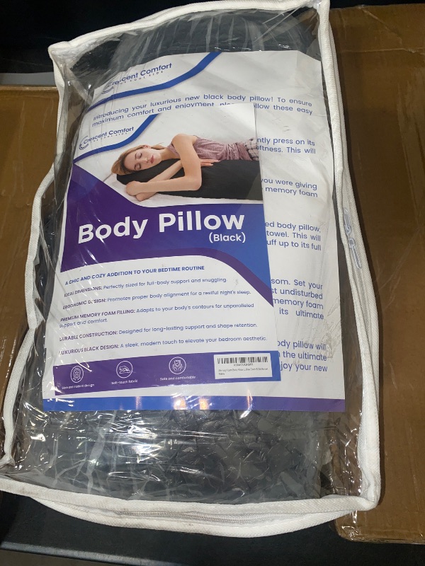 Photo 1 of Crescent Comfort Full Body Pillow for Adults (Black, 20 x 54 Inch) - Large Body Pillow Insert with Pillowcase for Back & Side Sleepers, Black Silk Body Pillow Cover & Silk Bonnet