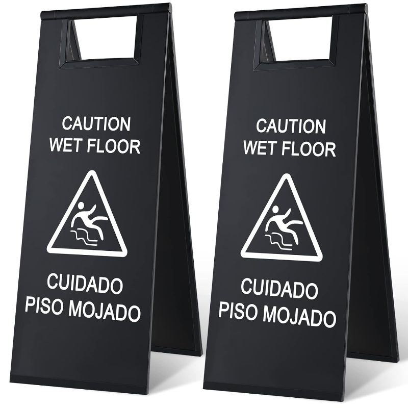 Photo 1 of Stainless Steel Wet Floor Caution Sign Portable Foldable Handle Bilingual Safety Sign (Black)