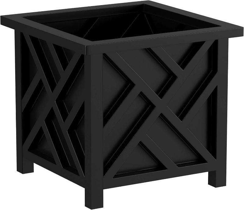 Photo 1 of Pure Garden Lattice Design Planter Box – 14.75-Inch-Square Decorative Outdoor Flower or Plant Pot – Front Porch, Patio, and Garden Decor (Black)
