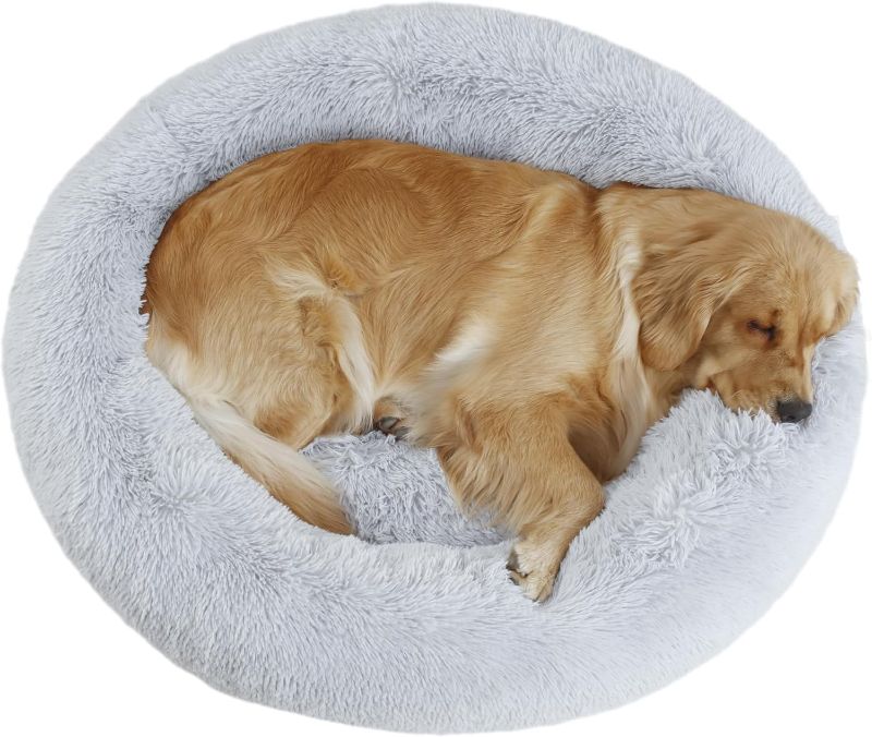 Photo 1 of 39'' inch Calming Dog Bed, Plush Anti-Anxiety Donut Dog Bed for Small Medium Large Dogs, Warming Cozy Soft Cute Round Washable, Marshmallow Cuddler Nest Pet Bed, Grey
