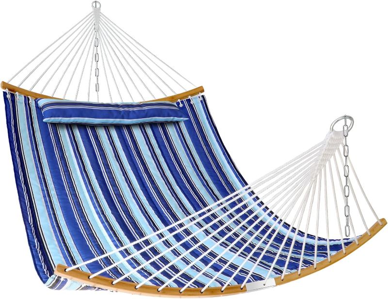 Photo 1 of Quilted Fabric Hammock With Pillow - 11 FT Double With Spreader Bar for Outside, Heavy Duty 2 Person for Outdoor Garden Balcony, 440 Pound Capacity, Blue Stripe