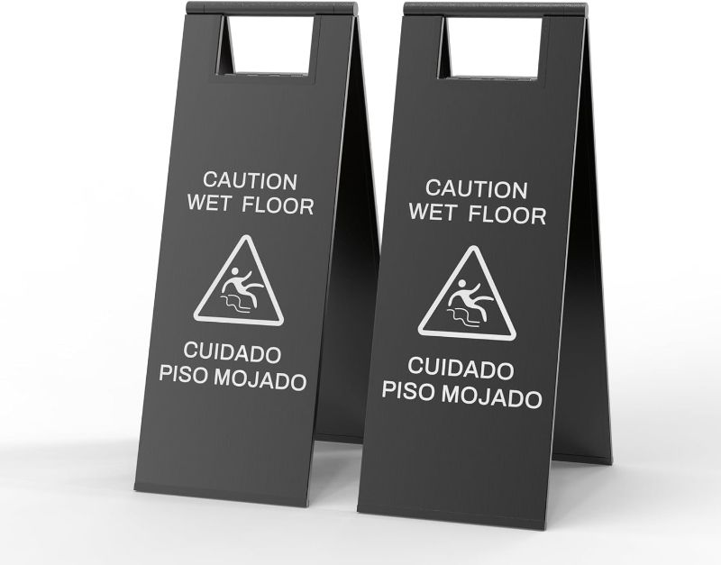 Photo 1 of 2 PACK- Stainless Steel Wet Floor Caution Sign Portable Foldable Handle Bilingual Safety Sign (Black)