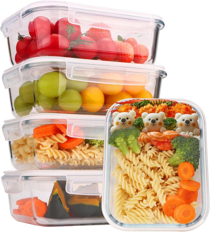 Photo 1 of 5-Pack Glass Storage Containers with Lids,35 Oz Meal Prep Containers Reusable,Airtight Glass Lunch Containers,for Microwave, Freezer and Dishwasher,White Leak Proof Locking Lids