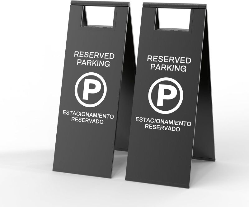 Photo 1 of Reserved Parking Sign – Foldable Heavy Duty Plastic A-Frame with Bold “P” Symbol, Bilingual English & Spanish – 24" Tall Reserved Spot Marker for Storefront, Driveway, Garage – Black