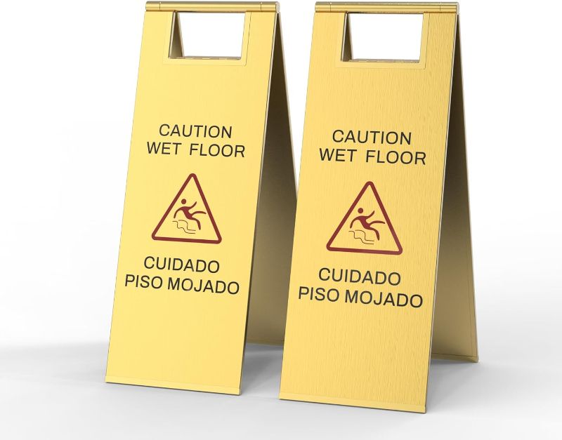Photo 1 of Stainless Steel Wet Floor Sign 2 Pack, 24 Inch Double-Sided Foldable Caution Sign with Handle, 8.8 lb Bilingual Warning for Restaurant, Office, Commercial Cleaning Use, Gold