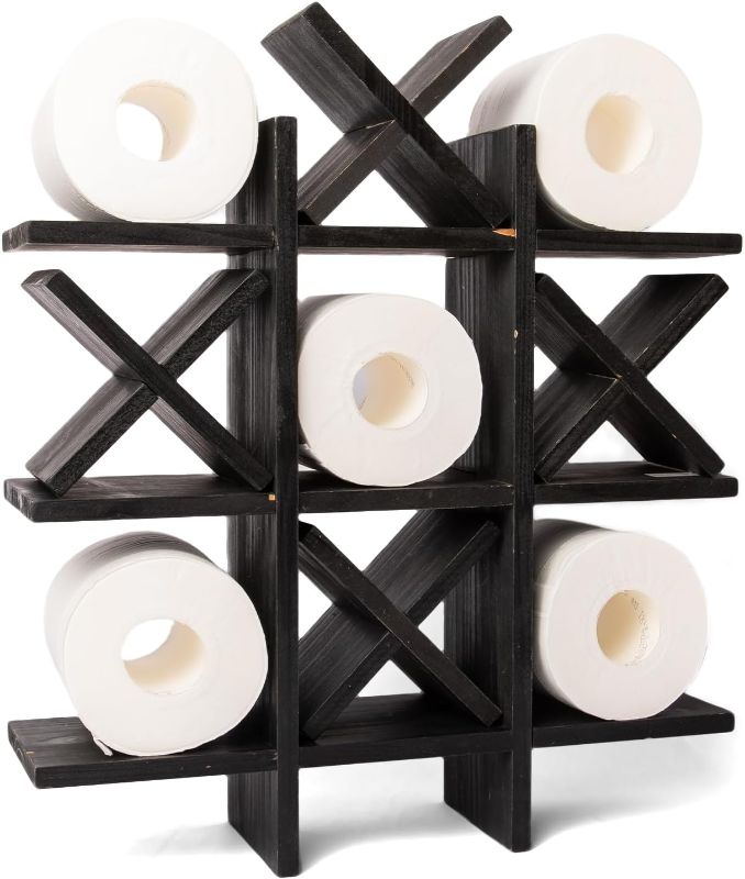 Photo 1 of GENMOUS Handmade Tic Tac Toe Toilet Paper Holder Stand with 4pcs Wooden X, Funny Wall Mounted Papers Storage with Shelf, Farmhouse Toilet Paper Roll Storage for Guest Bathroom or Toilet Décor
