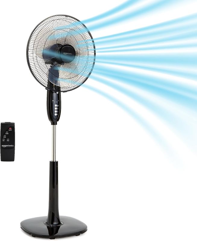 Photo 1 of Amazon Basics 16" Pedestal Fan with Remote, Floor Fan, Standing Fan for Bedroom, Living Room, Office, with 3 Speeds, 3 Modes, Timer, Dual-Layered Blades, Adjustable Height, Tilt Head, 60W, Black