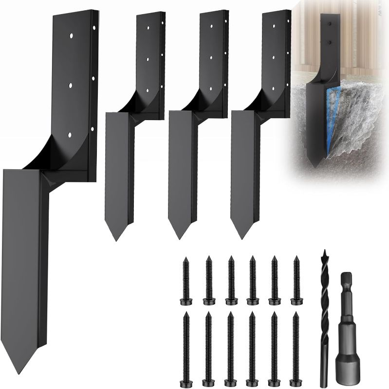 Photo 1 of Fence Post Repair Stake Kit, Fence Post Anchor for 2-6.5 Feet Fence, Fence Post Mender for 4"x4" (Actual 3.5"x3.5") Post, Heavy Duty Broken Wooden Fence Stabilizer, Steel Fence Repair Spike(4pk) (4)
