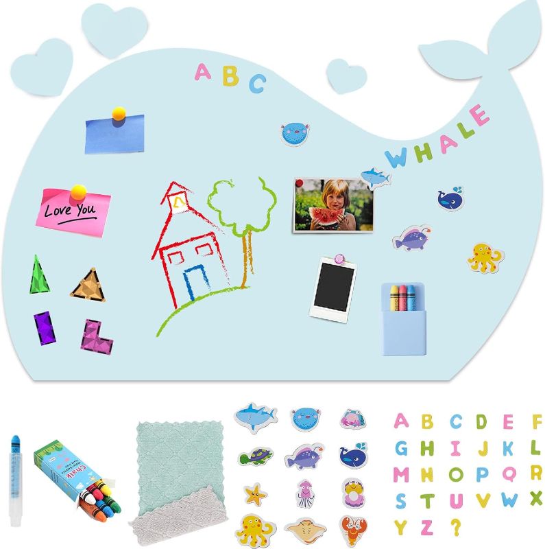 Photo 1 of Magnetic Wall Decals for Playroom|39.4"x29.5" Blue Whale Magnetic Wall Chalkboard for Kids with 48 Pieces Accessories,Educational Magnets, Chalk & Cloth for Classroom,Preschool and Daycare