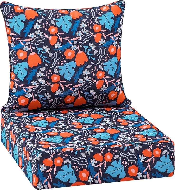 Photo 1 of 2 SET- puredown® Outdoor Seat Cushions 24 X 24 X 5.75 Inch, Waterproof & Fade Resistant Patio Furniture Replacement Cushions with Removable Cover for Chair, Sofa, Couch, Wicker, Blue Flower
