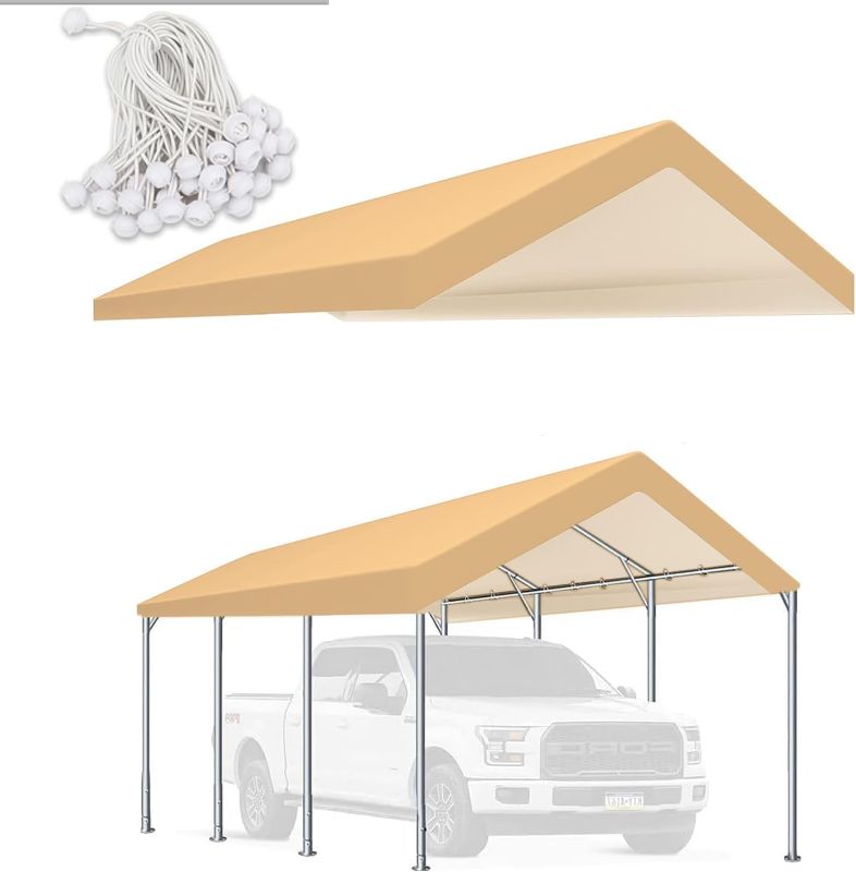 Photo 1 of Carport Replacement Canopy Cover for Tent Car Garage Shelter Top Tarp with Ball Bungees (Only Only Top Cover, Frame is not Included) (12' x 20', Beige)
