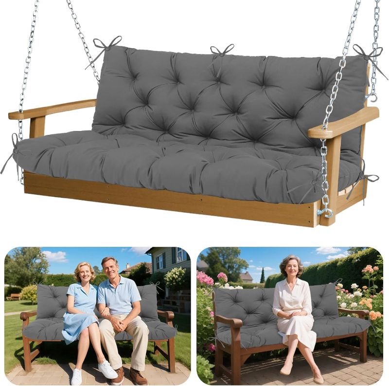 Photo 1 of Porch Swing Cushions with Backrest Thicken 5" Outdoor Swing Cushions Waterproof Swing Bench Cushions for Outdoor Furniture Patio Backyard Lawn 2-3 Seater Replacement Cushions (Gray)
