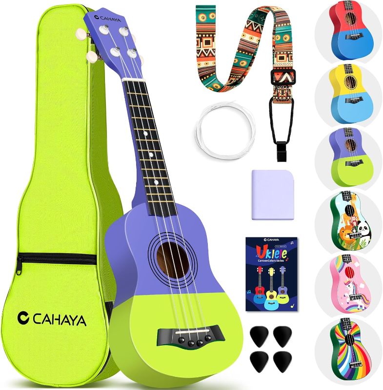 Photo 1 of CAHAYA Soprano Ukulele Beginner Kit: 21-Inch Ukulele Cartoon-Themed Mahogany with Gig Bag Shoulder Strap and Fretboard Stickers for Kids Adults Hawaiian Ukulele Gift Set
