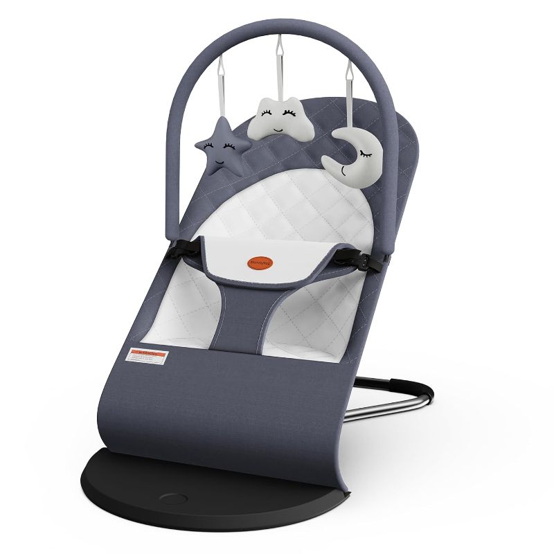 Photo 1 of Portable Baby Bouncer Seat for Infants, 0-18 Months, 3 Modes of Use with Rocker & Stationary Options, Ergonomic Infant Chair with Hanging Toys, Baby Shower Gifts – Grey
