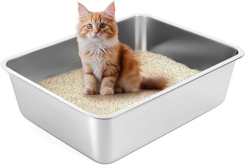 Photo 1 of Stainless Steel Cat Litter Box with High Sides, Extra Large Open Metal Litter Pan, Easy to Clean, Rust Proof, Non Stick, Non Slip Rubber Feets (18"x14"x4")
