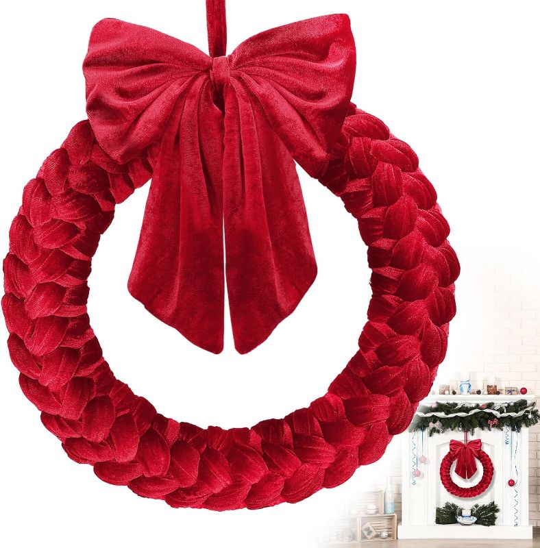 Photo 1 of 13.7in Elegant Christmas Velvet Wreath – Small Xmas Wreath with Bow, Christmas Velvet Ornaments forWindow Fireplaces Front Doors Walls Home Party Women Gifts Indoor Decorations, Red
