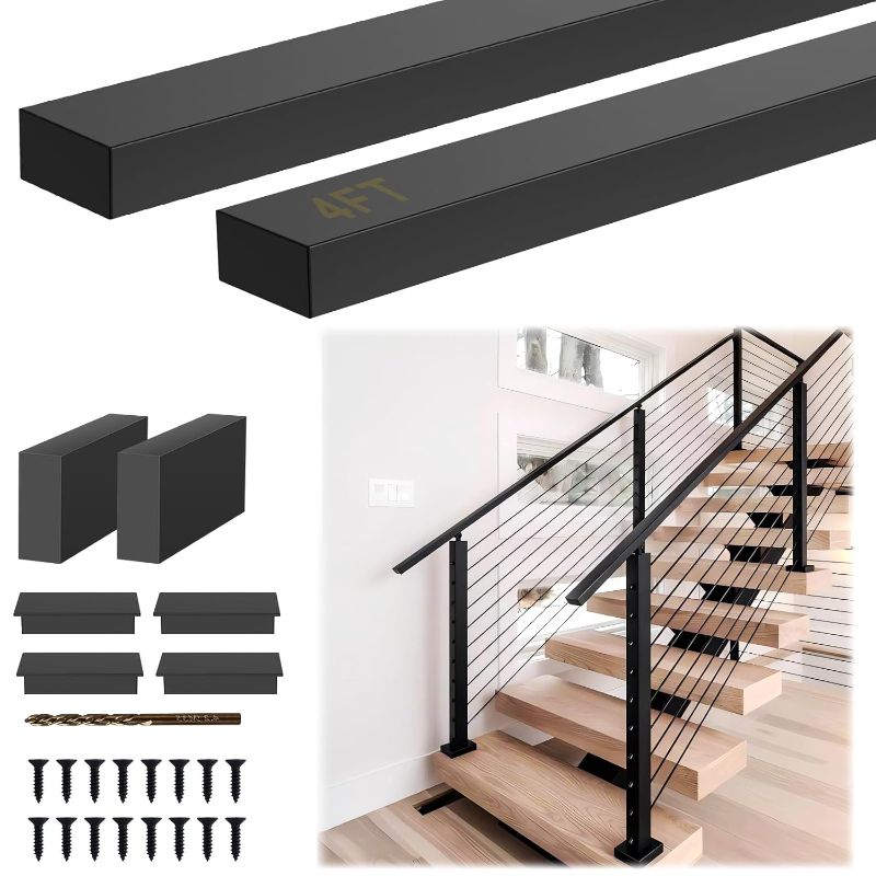 Photo 1 of 4FT Stainless Steel 304 Handrail Black 2Pack, Rectangular Handrail Flat Top Rail with SS304 End Cap and POM Connecting Blocks for Indoor Outdoor Deck Stair Cable Railing System DIY Balustrade
