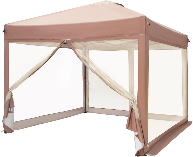 Photo 1 of Sophia & William Canopy Tent Pop Up 10x10 ft, Outdoor Patio Portable Commercial Canopies Shelter with Screen Mesh, Roller Bag, 8 Stakes, 4 Guy Ropes, UPF50+ (Brown)
