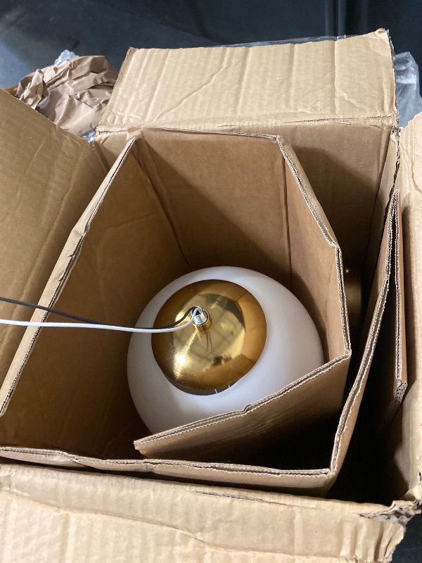 Photo 1 of Atwell Collection Brushed Bronze and Opal Glass Globe Medium Hanging Pendant Light

