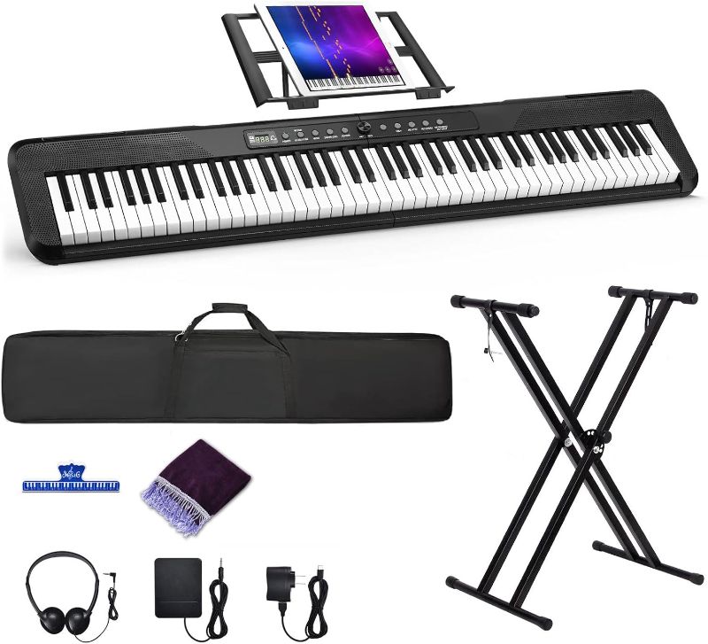 Photo 1 of 88 Key Piano Keyboard, Semi Weighted Electronic Digital Piano with Music Stand, Power Supply, Sustain Pedal, Bluetooth, Stand, MIDI, for Beginner Professional at Home, Stage
