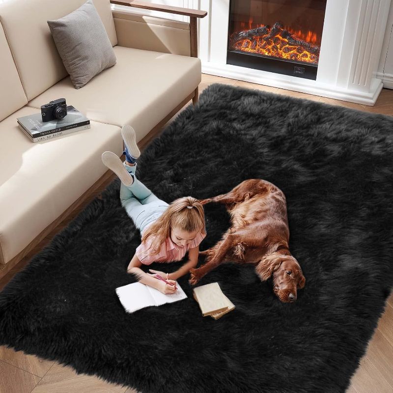 Photo 1 of 6x9 Feet Faux Fur Area Rug, Beige Living Room Faux Sheepskin Rug for Bedroom, Fluffy Washable Large Plush Fuzzy Floor Home Decor Rectangle

