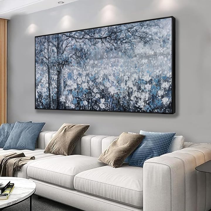 Photo 1 of Canvas Wall Art Print Paintings Blue And White Abstract Tree Flower Landscape Home Prints Decor Framed Ready To Hang For Living Room Bedroom And Office Home Kitchen Artwork 20"×40"

