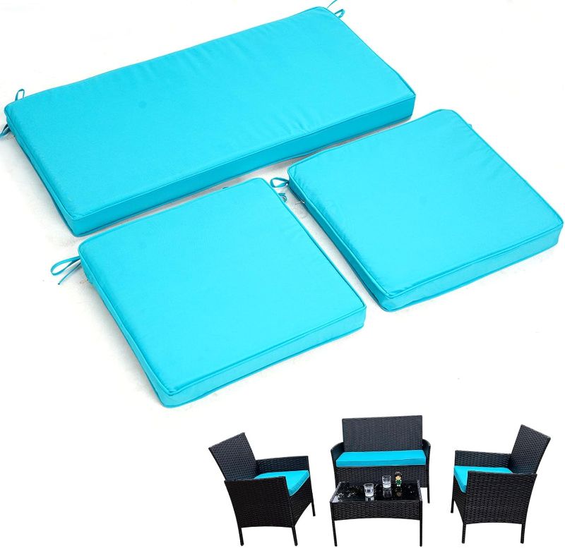 Photo 1 of 3-Pack Outdoor Patio Furniture Replacement Cushions Set–High-Elastic Sponge Cushions Fit 4-Piece Wicker Rattan Sofa, Loveseat & Chairs, 36x18x2 & 18x18x2, Waterproof, Fade-Resistant (Lake blue)
