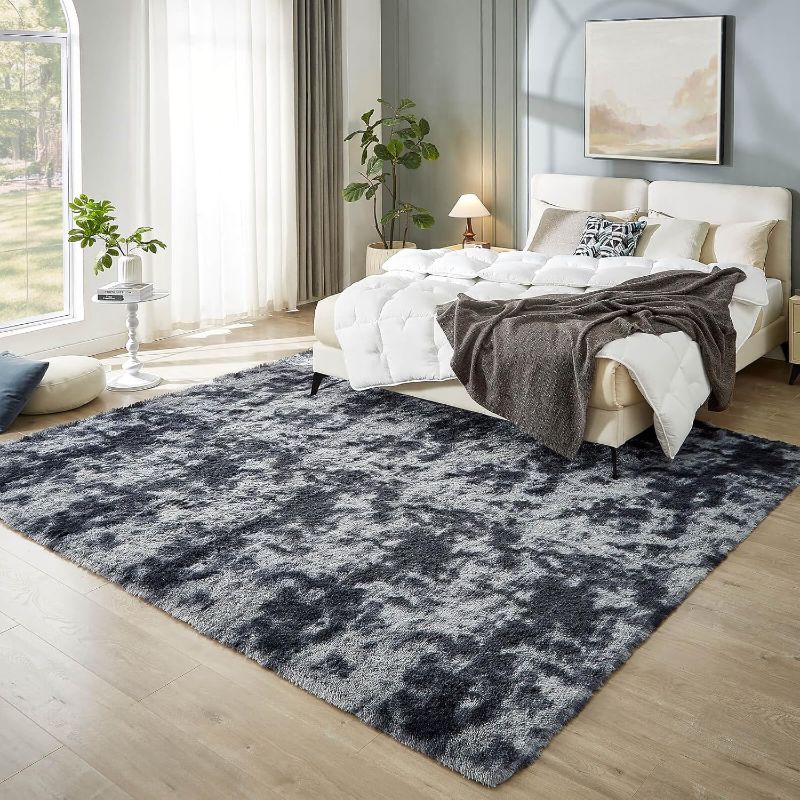 Photo 1 of Floralux 8x10 Rugs for Living Room, Tie-Dyed Dark Grey, Ultra Soft Large Shag Bedroom Rug, Fluffy Plush Modern Floor Carpet
